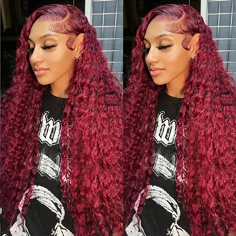 

99j Бордовый вьющийся парик из 200% плотности, человеческие волосы, глубокая волна, 13x4 HD, парики спереди, человеческие волосы, предварительно выщипанные красные парики, человеческие волосы