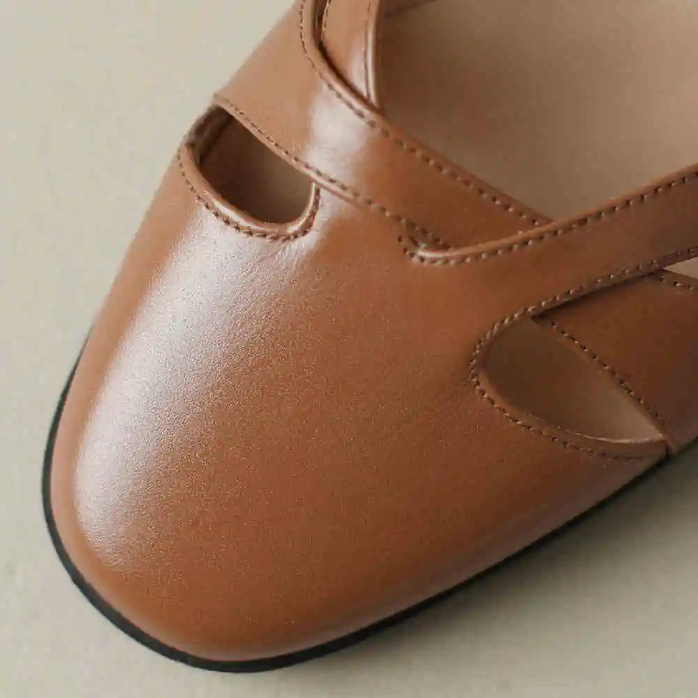 Women\'s sandals summer 2023 cow leather round toe ankle strap flats sandals british style hollow-out narrow band summer shoes