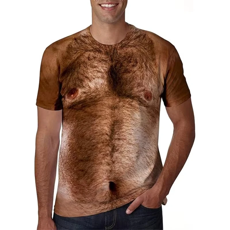 Men 3D Realistic Human Body Print Short Sleeve Tee Optical Illusion Funny Muscle Hairy Chest Novelty Halloween Party Street Top