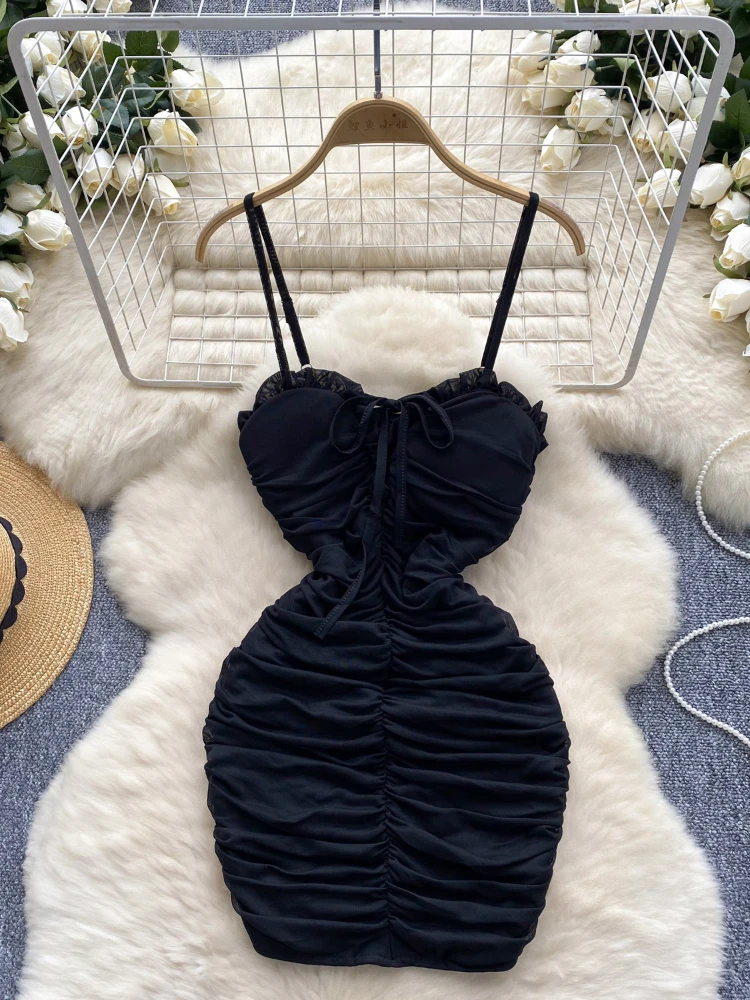 Foamlina Sexy Solid Spaghetti Strap Mesh Bodycon Dress Women Summer Chic V Neck Sleeveless Backless Slim Ruched Night Club Dress