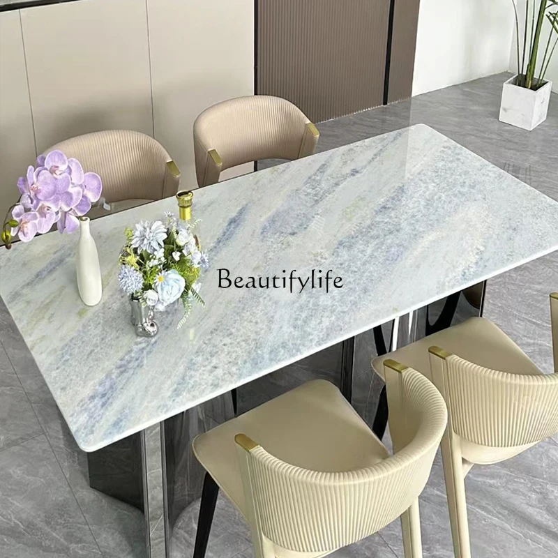 

01Imported natural blue crystal marble dining table modern simple luxury stone table customization