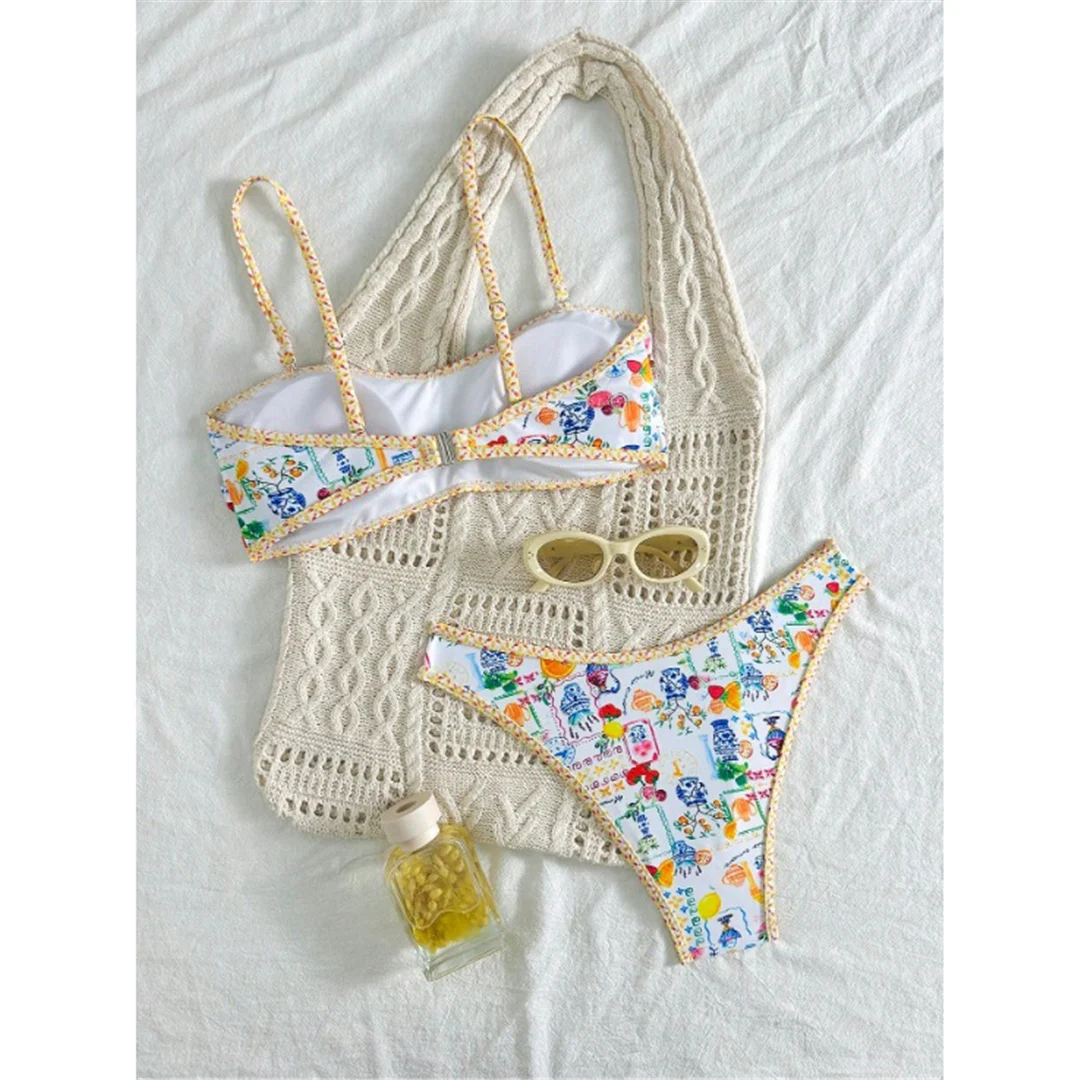 XS - XL Bedruckter Blumen-Bandeau-Bikini, Damen-Badeanzug, zweiteiliges Bikini-Set, Damen-Badebekleidung, Badeanzug, Badebekleidung, Schwimmbekleidung V693 – Detail 8