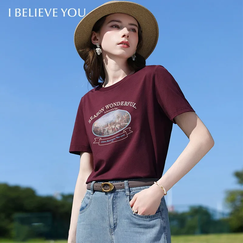 I BELIEVE YOU Short Sleeve Round Neck T-Shirt 2026 Summer New Letter Oil Painting Printed Elegant Women's T-Shirt 2262016272