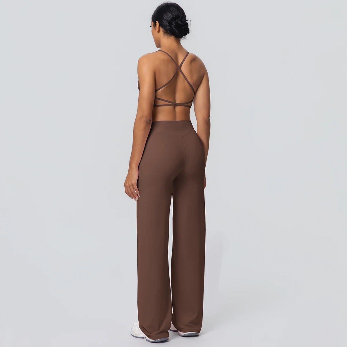 Frauen Gym Sport Yoga Anzug Sexy Schöne Zurück Yoga Unterwäsche Mit Brust Pad Einfarbig Hohe Taille Breite Bein Hosen Yoga Set – Detail 5