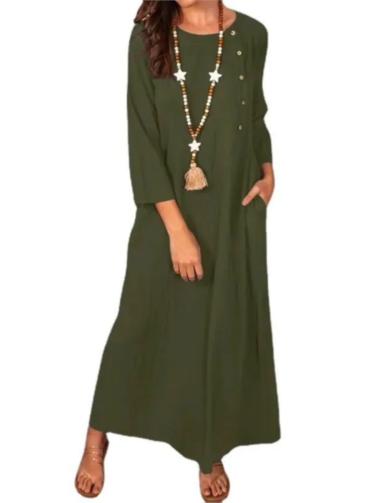 Vestido de moda de otoño elegante de lino y algodón para mujer vestido largo de Color sólido temperamento cómodo vestido de manga larga con cuello redondo