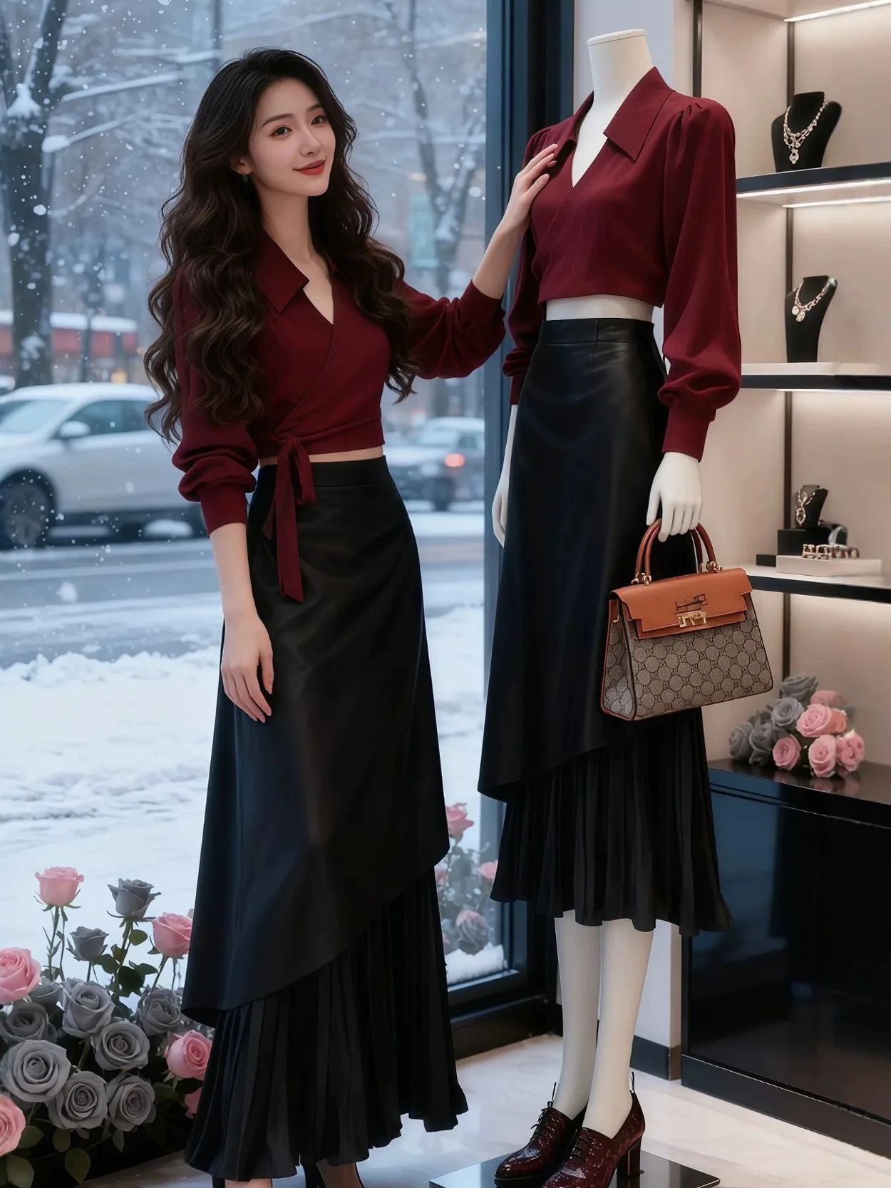 

Autumn Winter plus Size Women's irt Waist Cinched PU Leather Asymmetrical Skirt Set Faionable Mature Sle Casual Date