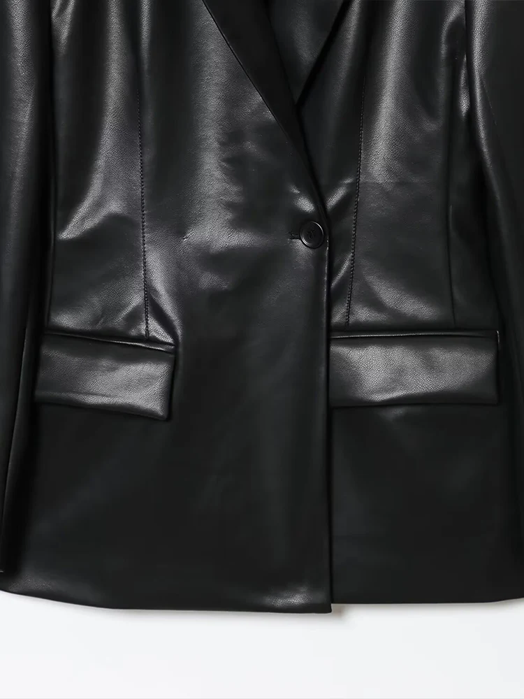 Estilo europeu e americano outono novo estilo de viajante feminino fino plutônio imitação de couro textura manga longa com decote em v terno jaqueta