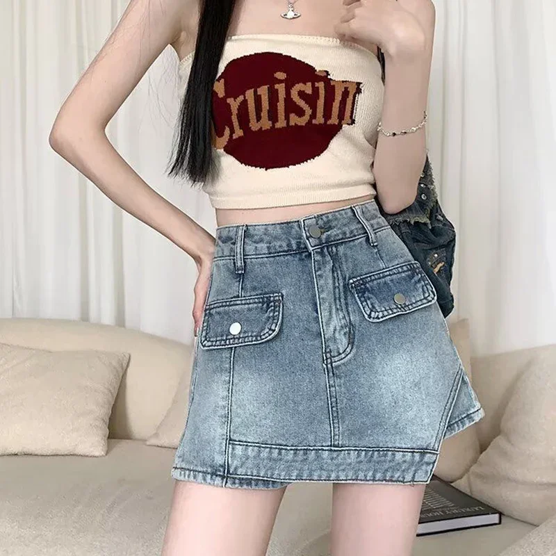 

Summer Women Baggy A-line Jeans Skirt Lady Chic Designer Wrap Hip Dress Female Classic Leisure Denim Skirt