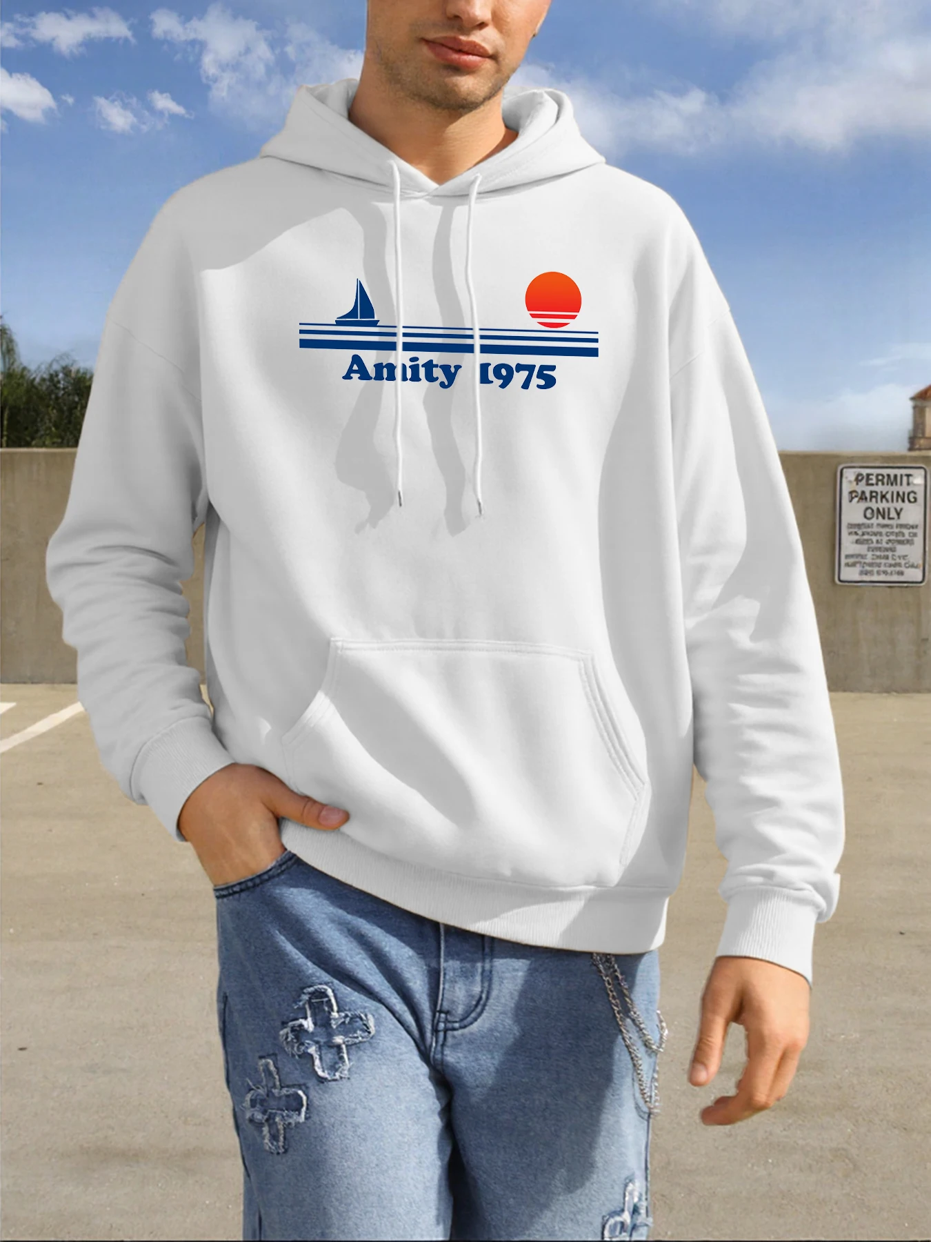 Amity 1975, Sonnenuntergang und Matrosenmuster, männliche Kapuzenpullover, bequem, Herbst-Top, Sport, weiche Kleidung, All-Match, mehrfarbiger Kapuzenpullover