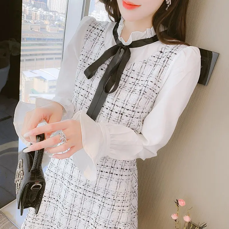 Women Spring Autumn Tweed Fake 2 Piece Mini Dress Korean Preppy Style Lady Graceful Bowknot Patchwork Dresses New Clothes Female