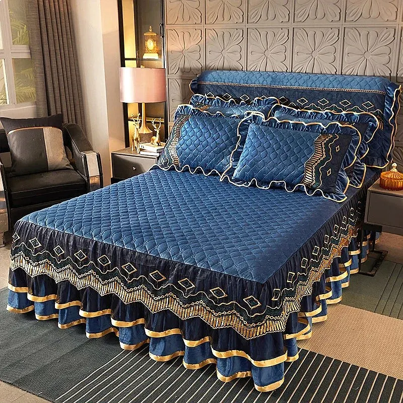 Lace Quilted Crystal Velvet Bed Skirt Single Double Thick Anti-Slip Mattress Cover Protector
