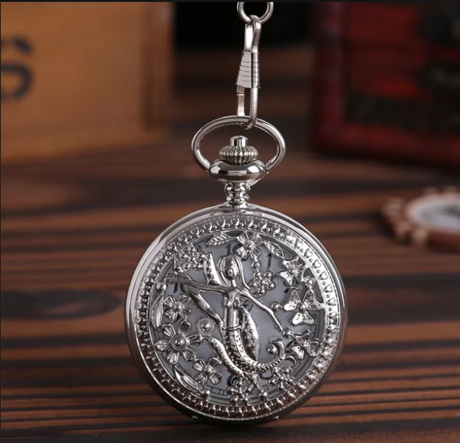 

8002Pocket Watch Silver Hollow Petals Surround Dancing Mermaid Design Pendant Ladies Fashion Gift Necklace