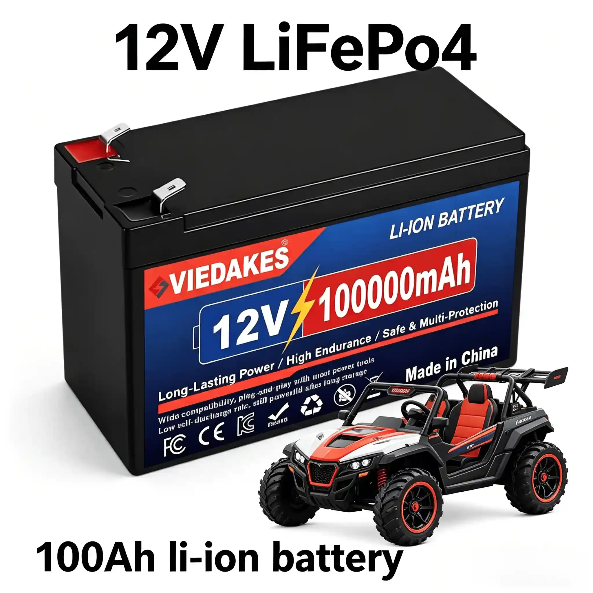 

Литиевая батарея VIEDAKES 12В 100Ач LiFePo4 высокой емкости для скутеров, автодомов, кемпинга, солнечных систем, ИБП, инвалидных колясок, электровелосипедов, лодок ✅