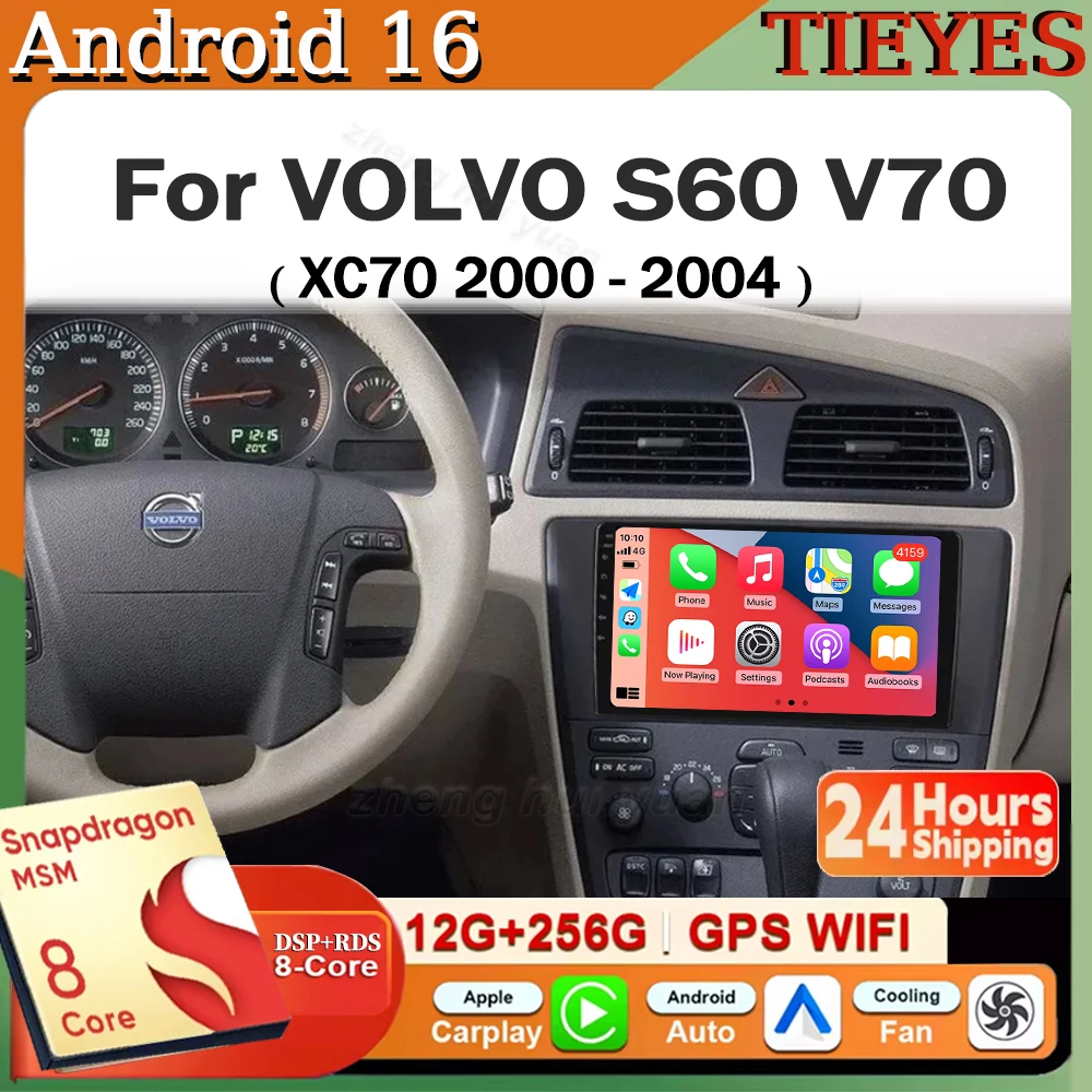 Radio para Auto con Android 16, Carplay + Android Auto, Navegación, Reproductor Multimedia QLED, Estéreo, BT, GPS para VOLVO S60 V70 XC70 2000 - 2004
