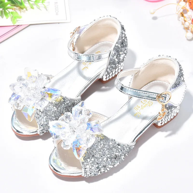 Sandalias con diamantes para niña, zapatos informales de princesa con flores, tacón alto, purpurina, suela suave, para fiesta y baile