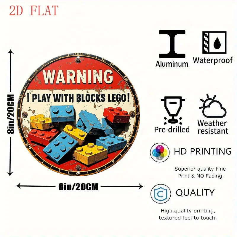 2D Flat, 1pc Retro LEGO-Themed Round Aluminum Wall Sign, 20.32 cm, 