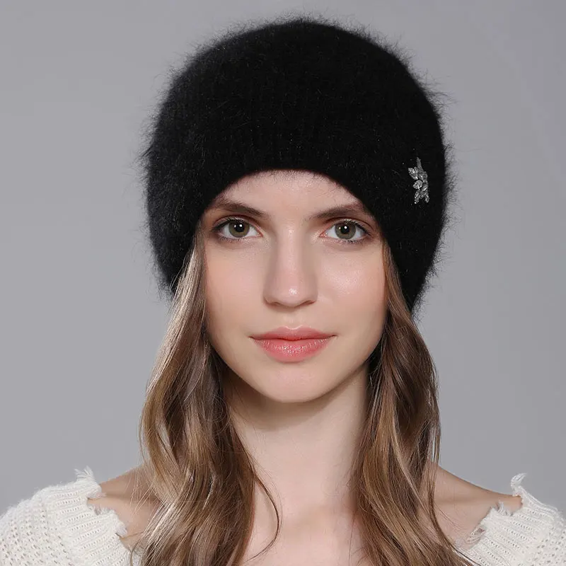 CNTANG Hat For Women Winter Warm Fashion With Diamond Flower Beanies Knitted Angora Long Rabbit Fur Hats Double Layer Ladies Cap