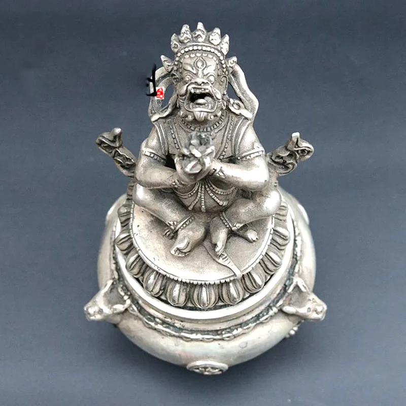 

Tibet Tibetan Silver Bronze Mahakala Buddha Incense Burner Censer