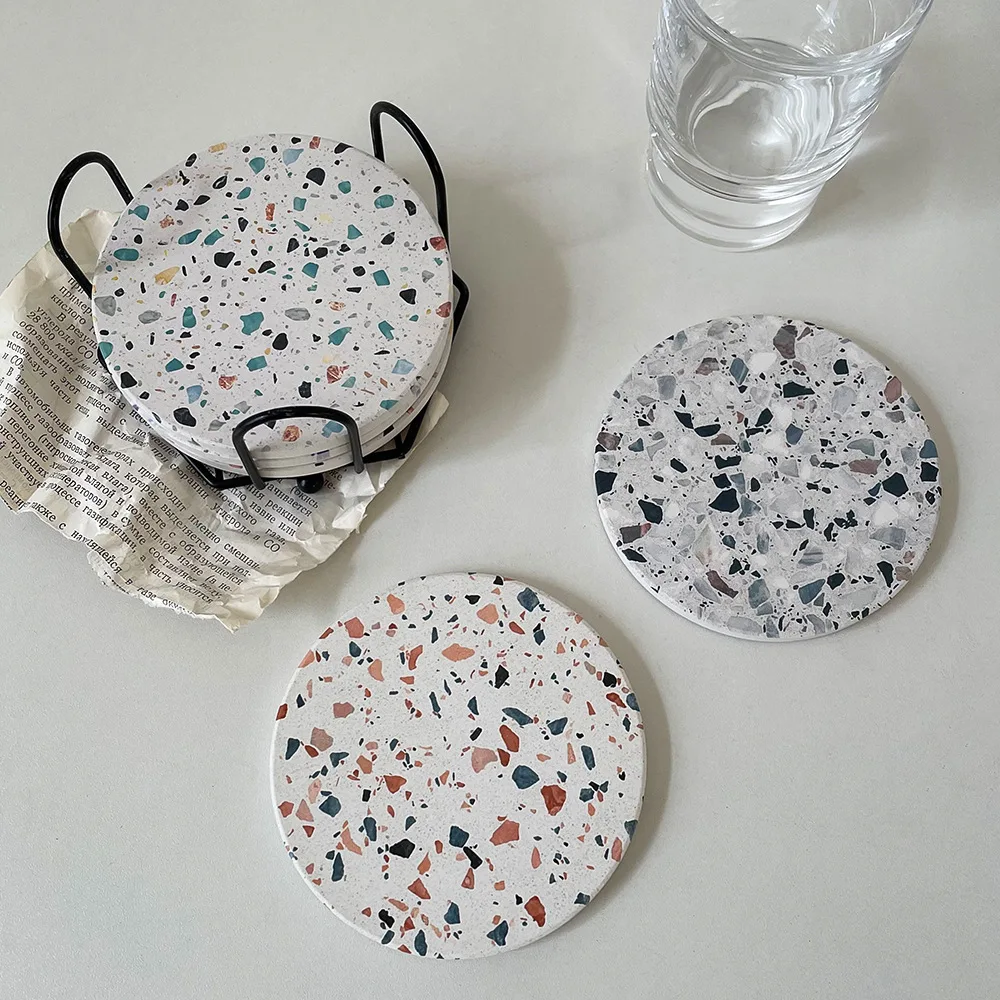 Nordic Simple Imitation Terrazzo Diatom Mud Absorbent Coaster Round Heat Insulation Pad Bowler Organizador Jewelry Box Organizer