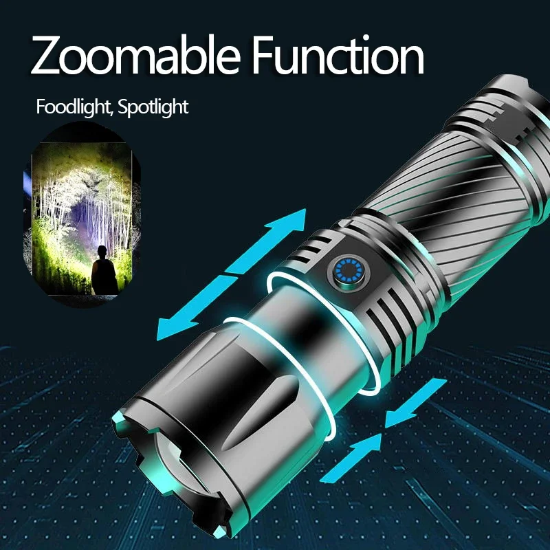 Super Long Range 5KM LED Flashlight Type-C Charging 20000LM Strong Light Tactical Torch Lamp Outdoor Portable Lantern Waterproof