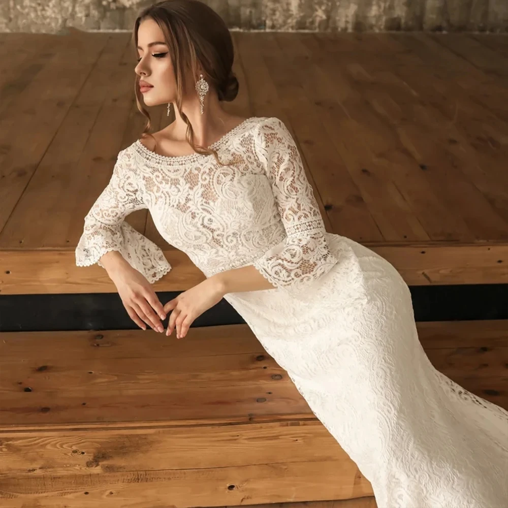 Personalizado boho 2024 sereia vestido de casamento mangas compridas zíper voltar vestido de noiva renda vestidos de novo ymw137