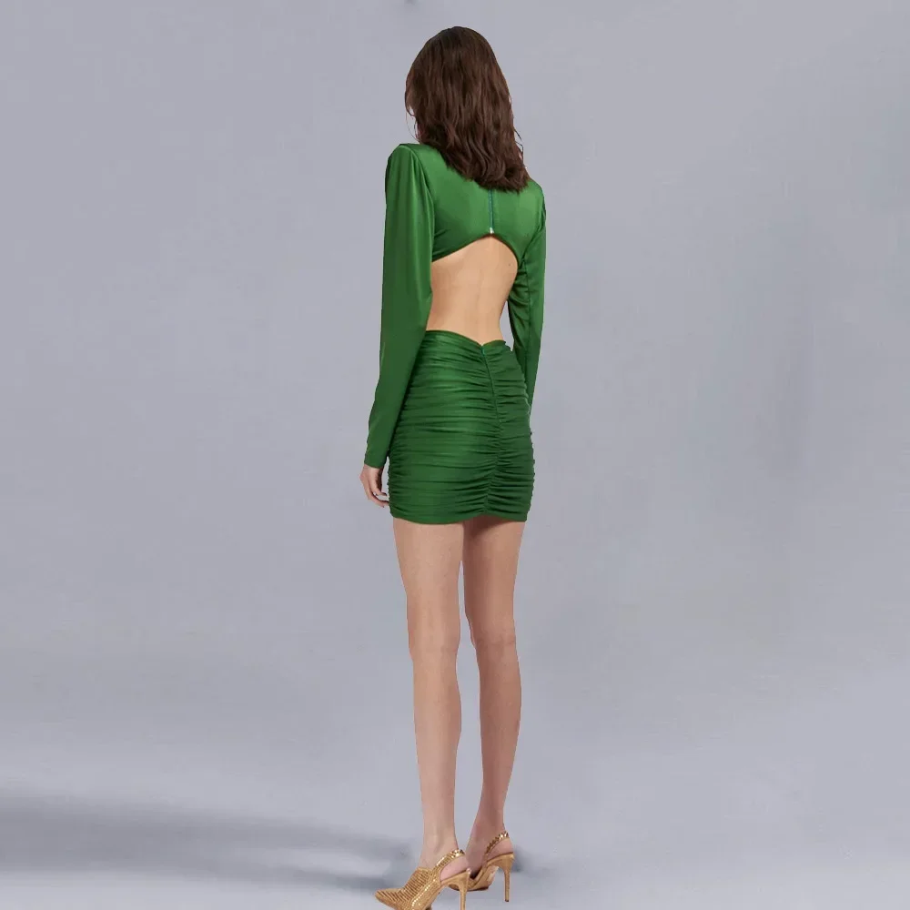 Vestido de noite plissado sem encosto feminino oco, mini vestido sexy de baile, verde, roupa luxuosa de mulher, moda verão, 2022