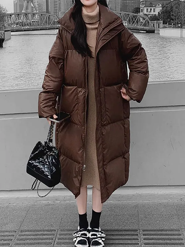 

Caramel Washed PU Mid-Length Thickened Cotton Jacket Stand Collar Women's New Style Winter Street Fashion Outerwear Coat