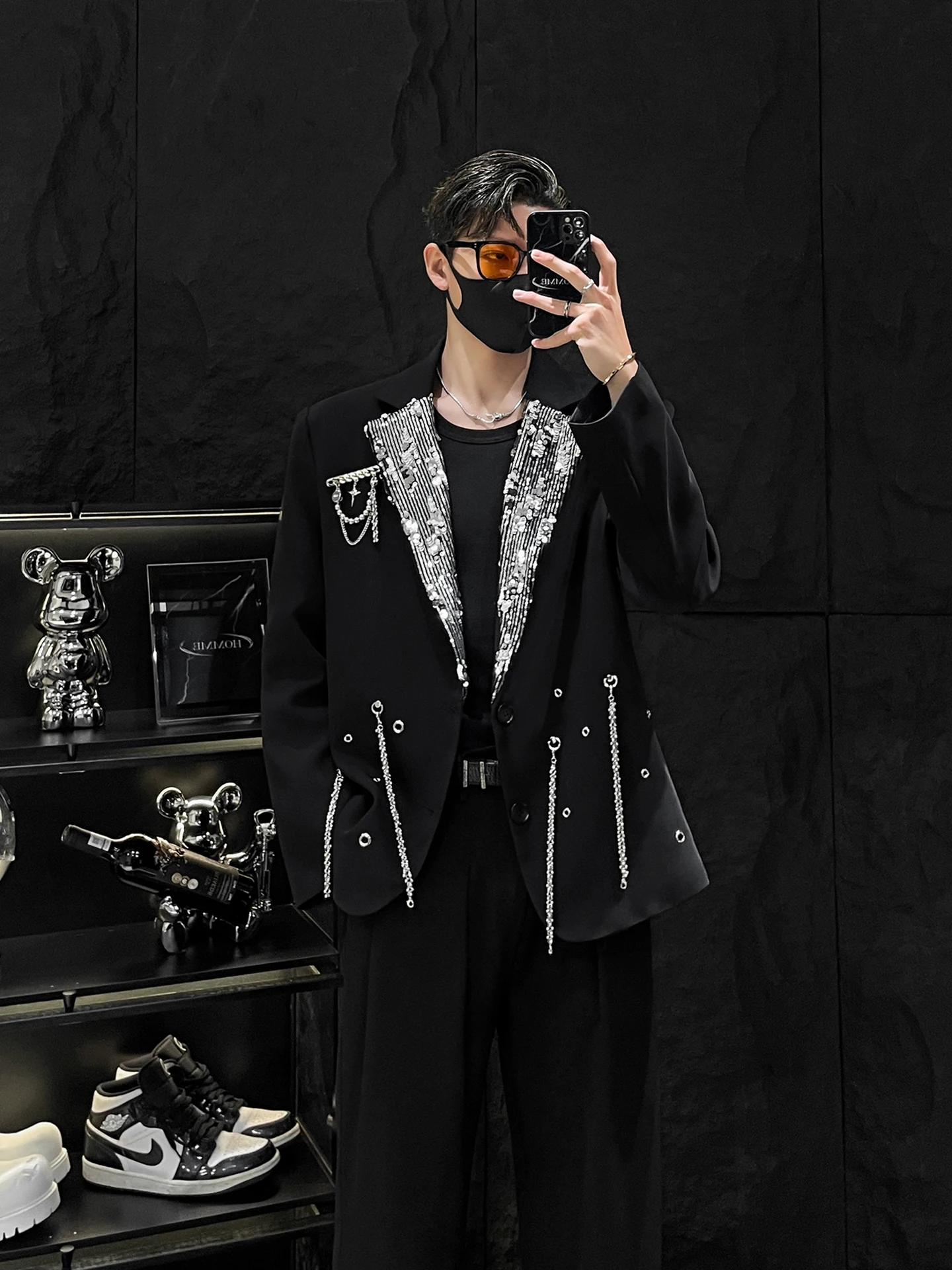 

HOMME Men's Loose Fit Sequin Patchwork Design Suit Jaet Youthful Trendy Polyester Fiber Long Sve round Hem Tailored irt