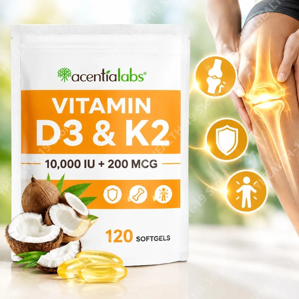 Vitamin D3 10,000 IU & K2 200 mcg Softgels Supports Calcium Absorption Strong Bones & Immune Function with Coconut Oil 120 Count