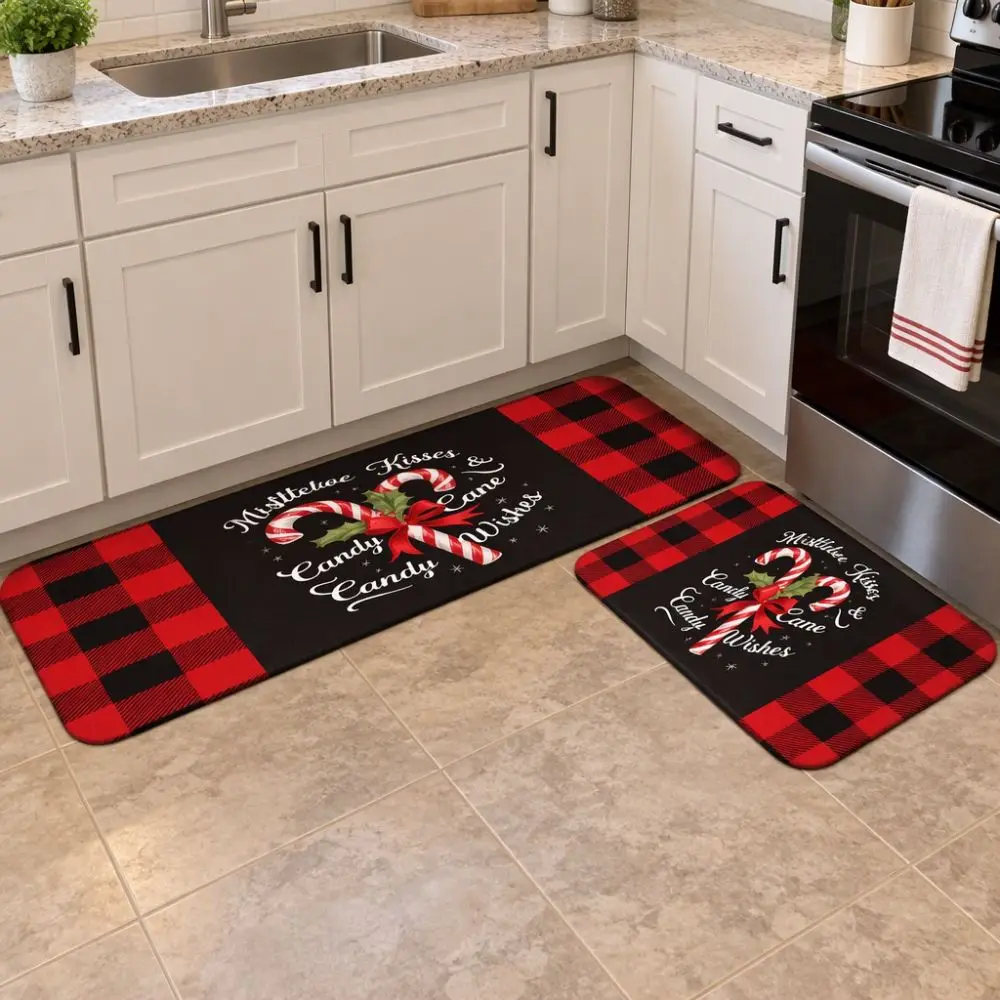 2 Pcs Diatomaceous Earth Christmas Kitchen Rug Set Water-absorbent Wear-resistant Christmas Kitchen Runner Stain-resistant