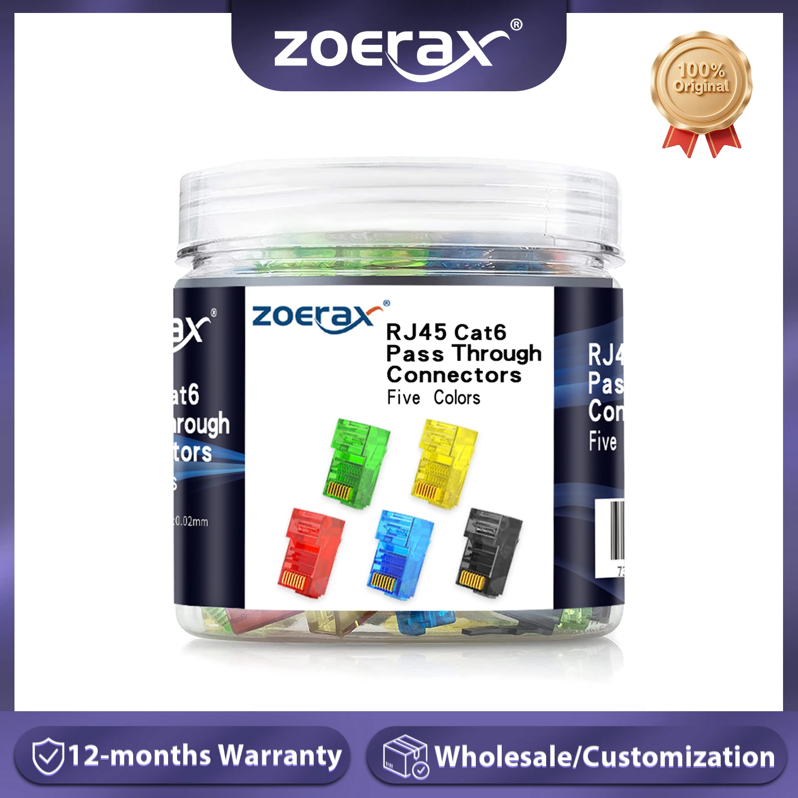 

ZoeRax 100-Pack RJ45 Cat6 Pass Through Connector ,Assorted Colors,RJ45 Modular Plugs for Solid or Stranded UTP Network Cable