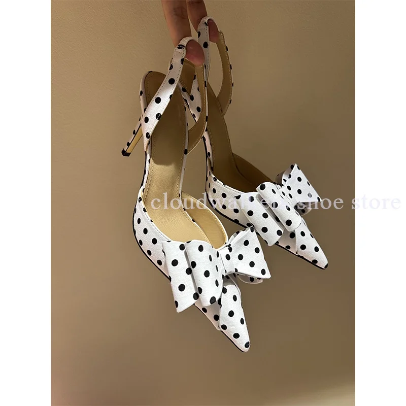New Satin Polka Dot Double Layer Three Dimensional Bow Decor  Sandals Sexy Pointed Toe Mature Playful Slingback Stiletto Sandals