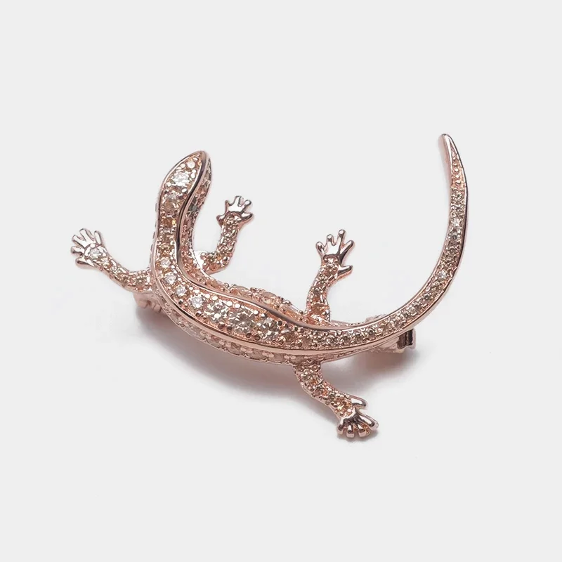 AB/925 Sterling Silver plated Rose Gold Inlaid with natural Zircon Lizard Shape Design Clothing Pin Jewelry Brooch.