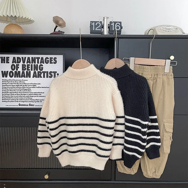 Sweater Autumn Season New Children Clothing Korean Simplicity Stand Up Collar Boys Zipper Pullover Knit Shirt Striped