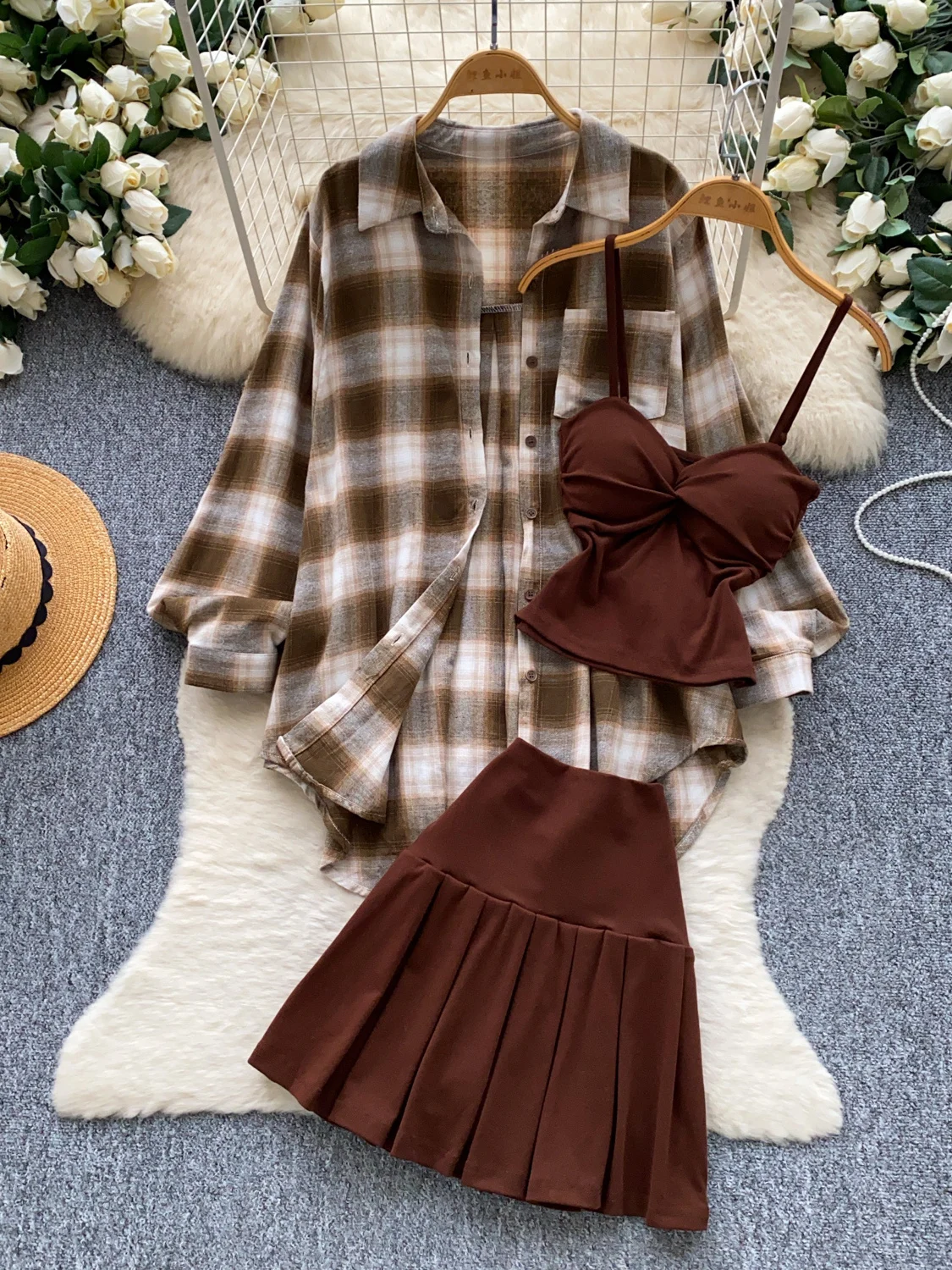 Ladies' Plaid Shirt Strap Vest Skirt Set Autumn Vintage Three-piece Slimming Lazy Style Fashionable Workwear Casual Clothing