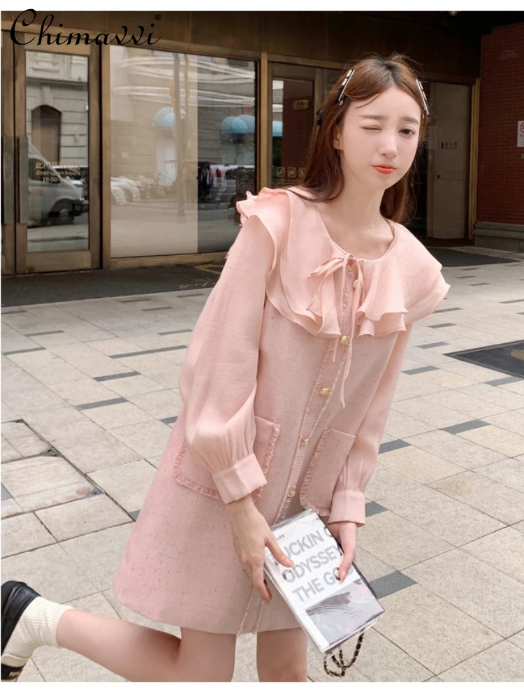 Doll Collar Pink Girlish Style High Waist Long Sleeves Women Blouse 2023 Spring Autumn Sweet Button Pocket Plaid Tank Dress