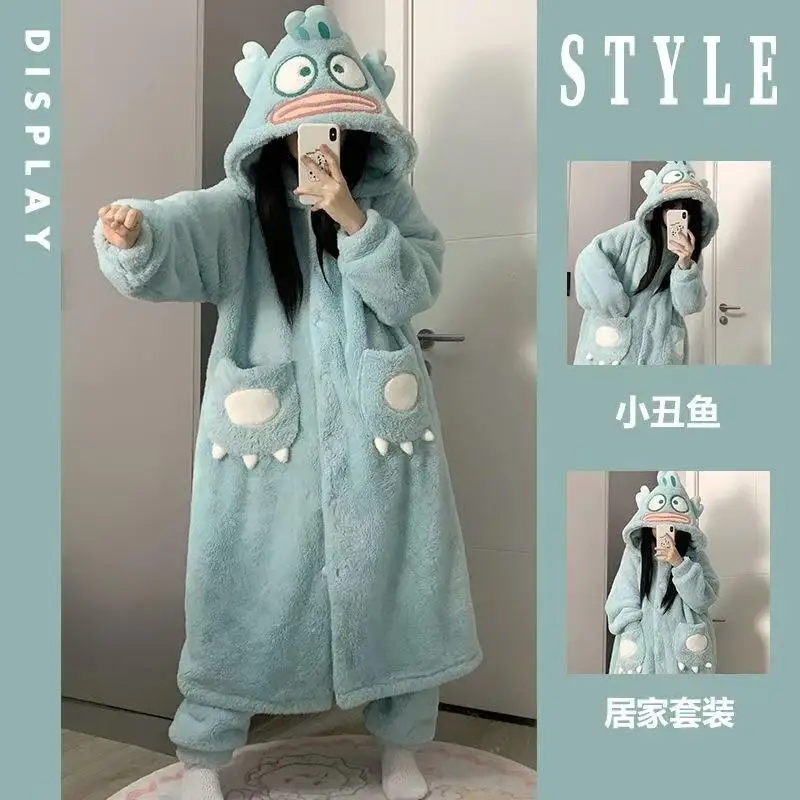 Sanrio Anime Hangyodon Nightgown Kawaii Lounge Clothes Girl Thickened Long Style Bathrobe Leisure Pajamas Keep Warm Gift