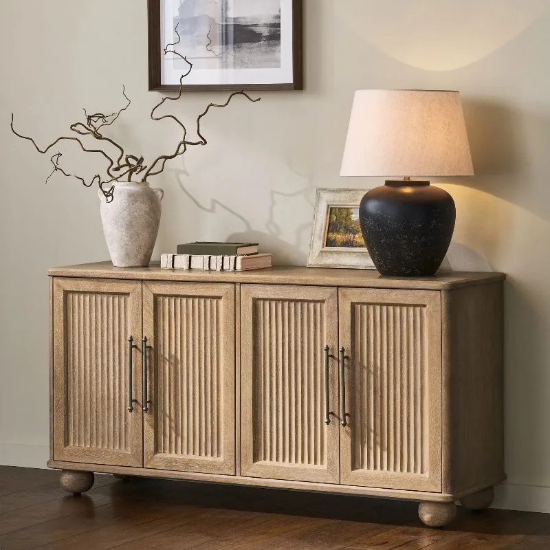 Custom Traditional Style Sideboard Shaker Fluted Design Wood Grain Veneer Lacquered Chest of Drawer Storage Entrance Cabinet