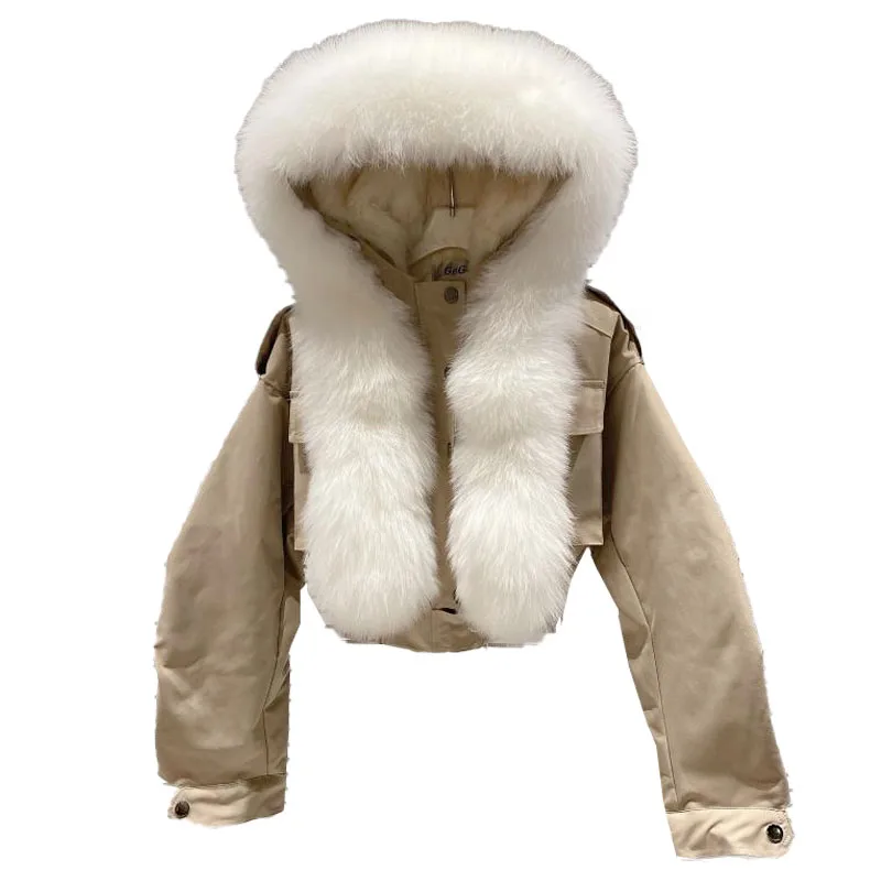 Woman Hat Detachable Rabbit Fur Liner Short Cotton-padded Coat Winter Streetwear Big Fox Fur Collar Long Sleeve Jacket for Women