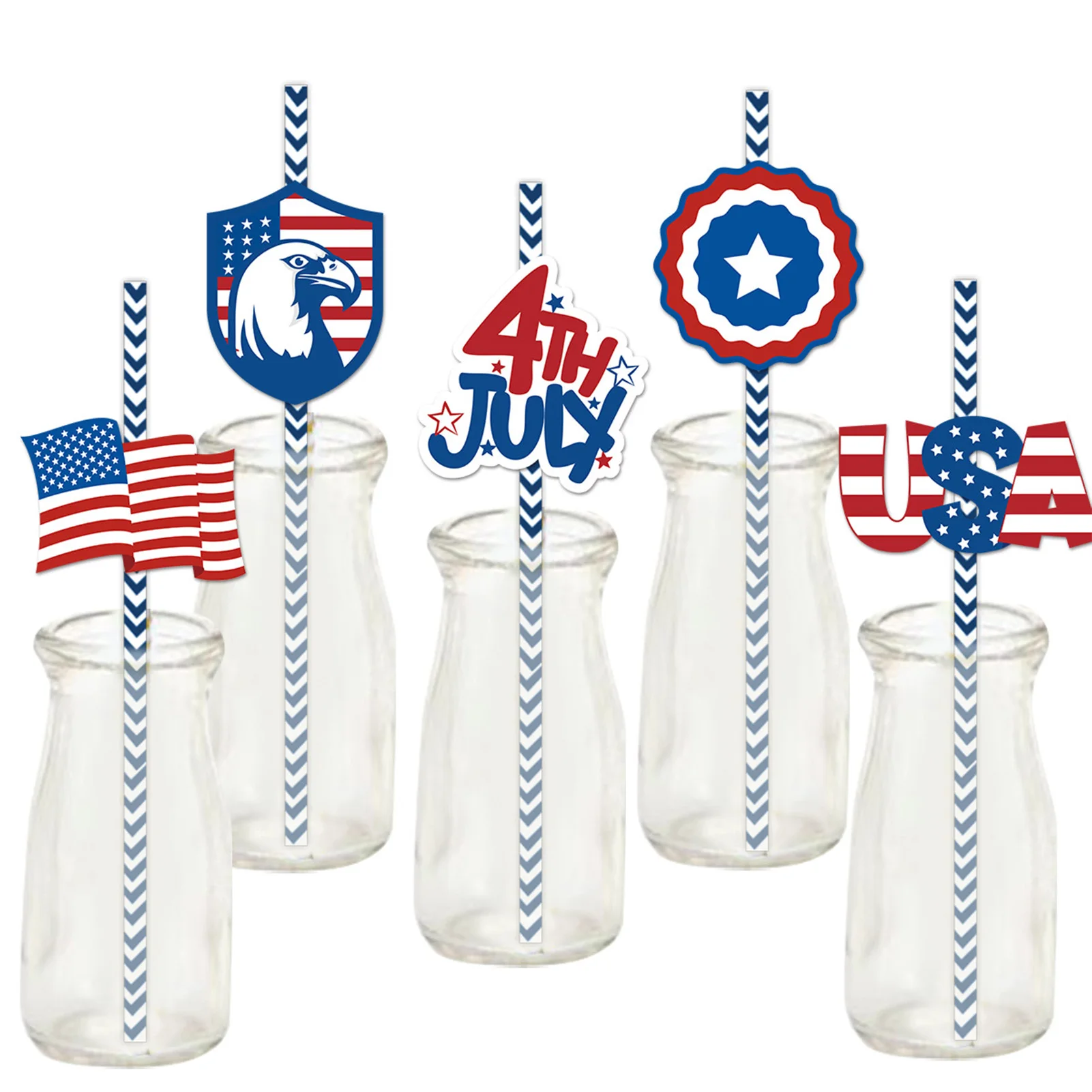 American Flag Blue White Paper Straws White and  Blue Party Striped Decorative Straws for Memorial Day Labor Day Veterans Day