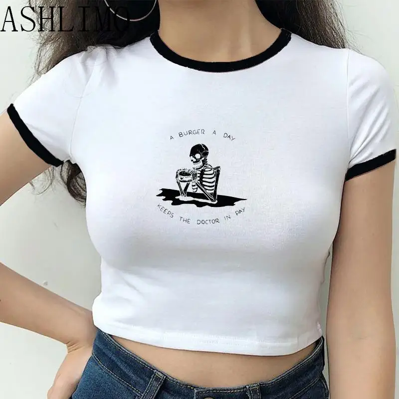 Short Sleeve Gothic Skull black edge Tee 2000s Vintage Grunge Graphic Print Sexy Womens Slim Crop Top Y2k Aesthetic Punk Summer