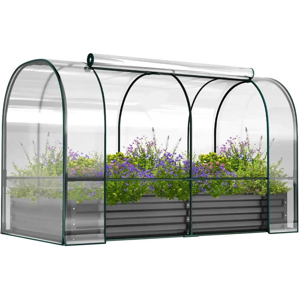 

Galvanized Raised Garden Bed with Cover, Metal Planter Box Kit with Mini Greenhouse 2 Roll-Up Windows for Outdoor Plant
