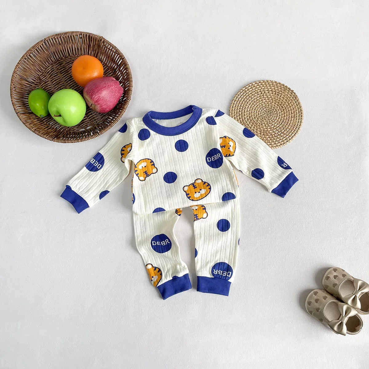 2023 New Jacquard Cotton Set: Long Sleeve Underwear for Kids Baby Boys Girls, CHILDREN Autumn Pajamas Homewear Top + Pants 2pcs