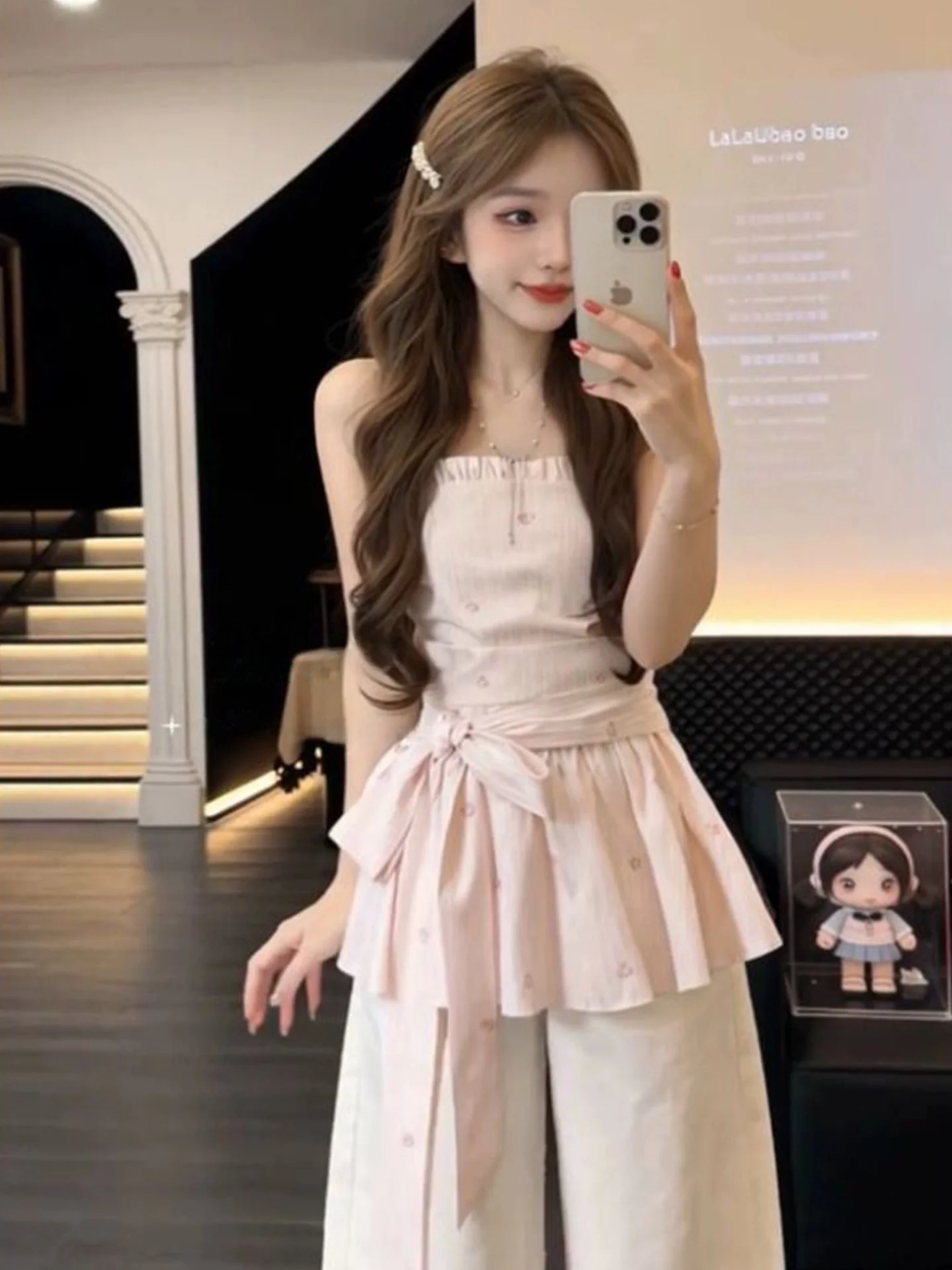 

Pink Sweet Pure Desire Style Vest Women Summer Spicy Sweet Fashion Lightweight Waist Cinch Knot Top Wood Grain