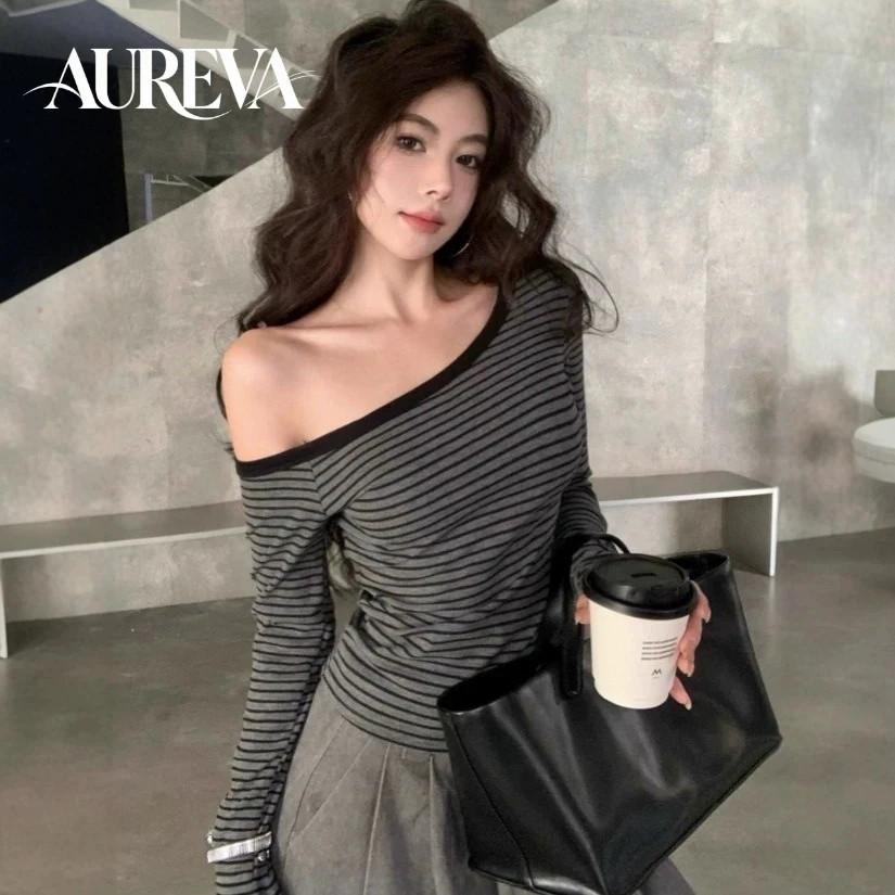 Designer Irregular One-Shoulder Striped Long Sleeve Tee Slim Fitted Exposed Shoulder American Retro Style for Ladies Spring Fall