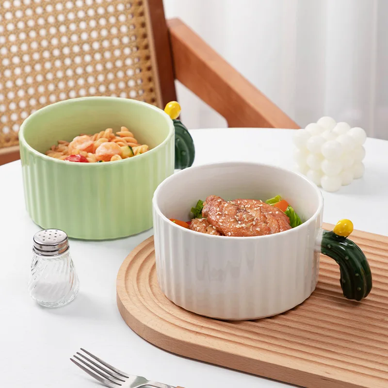 Cactus Ceramic Noodle Bowl with Lid Large Breakfast Cup for Students Office Workers Dormitory