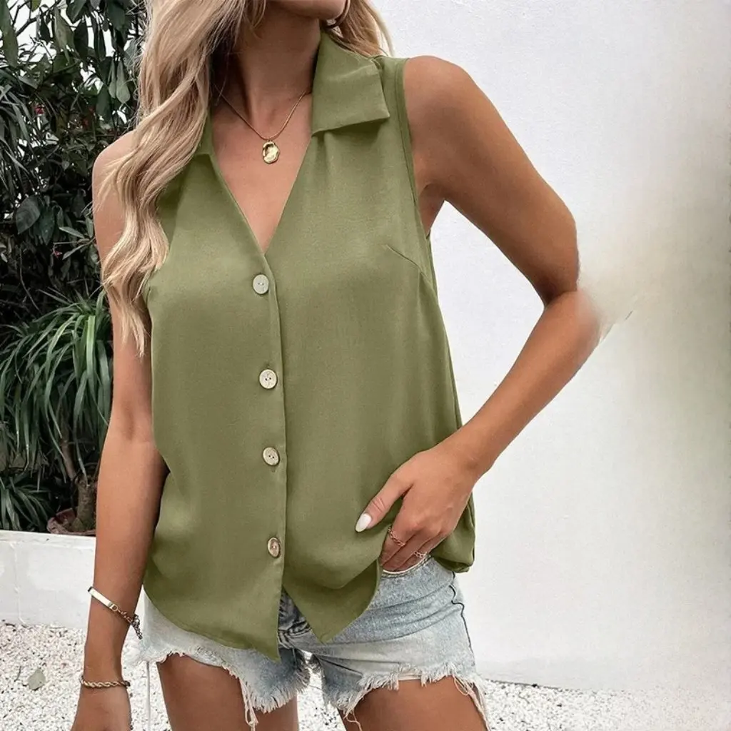 

Женская однотонная свободная шифоновая рубашка с v-образным вырезом без рукавов, жилет на пуговицах, топ для летней модной тенденции
