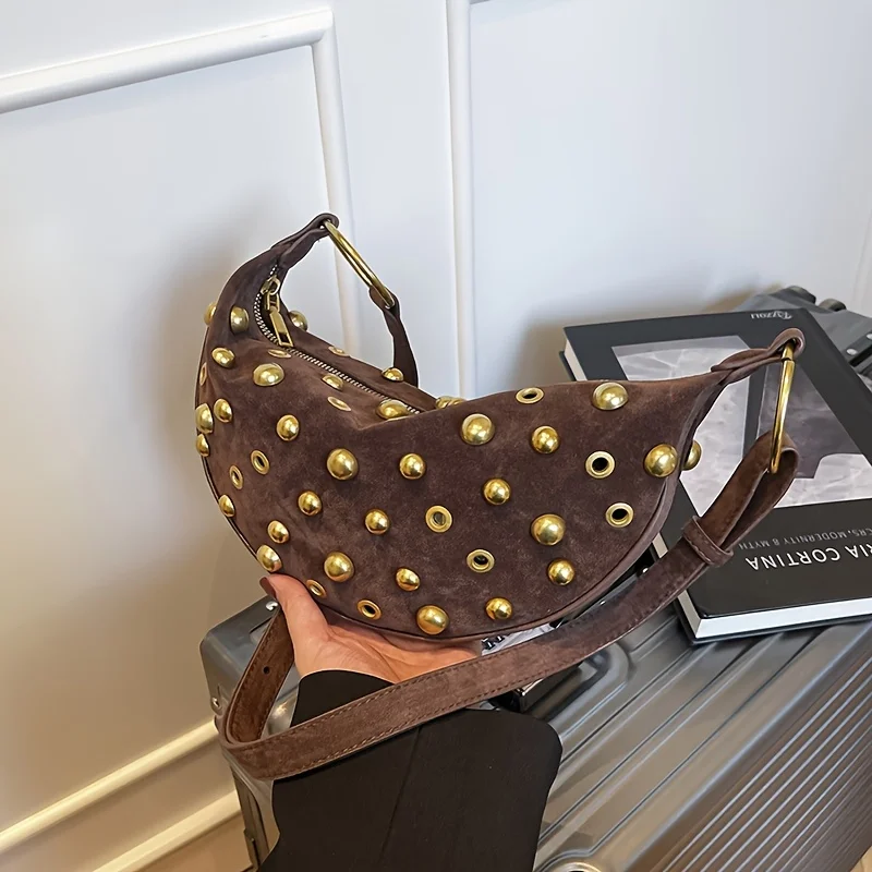 Vintage Style Black Single Shoulder Bag, Rivet Heavy Duty Ladies Bag, Zipper Closure, Fashionable New Slit Armrest Bags