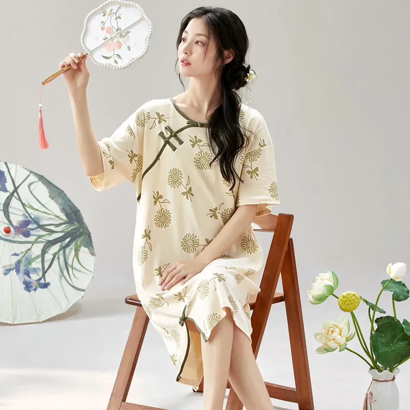 Large Size Vintage Printed Night Dress Women Short Sleeve Cotton Sleep Shirt Loose Ladies Nightwear Nightgowns Vestidos Mujer