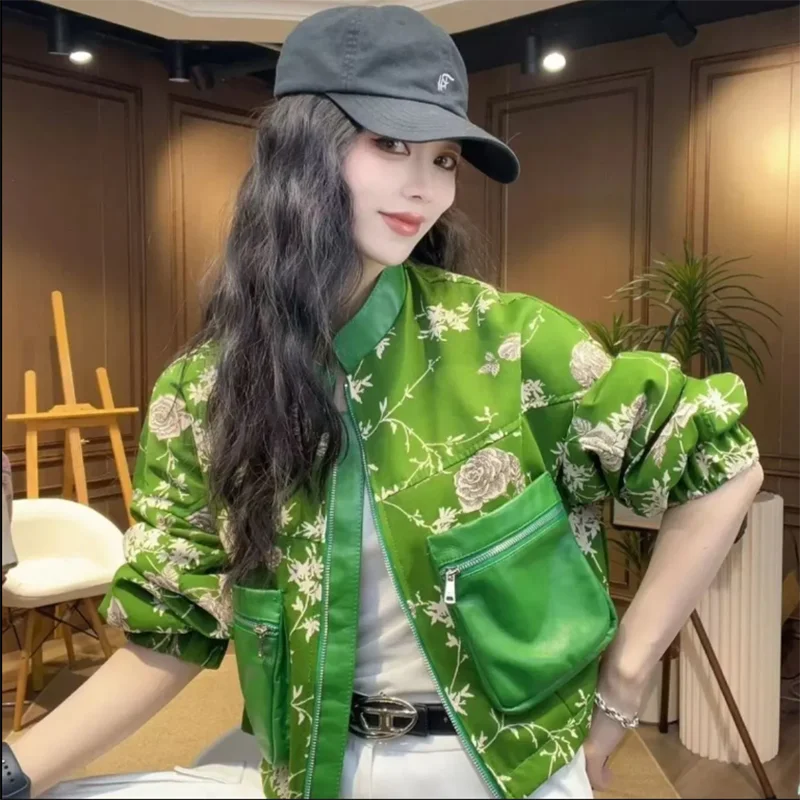 

Ретро-элегантная новая весенне-осенняя зеленая куртка с принтом и короткими карманами, модный топ, женская верхняя одежда 2026